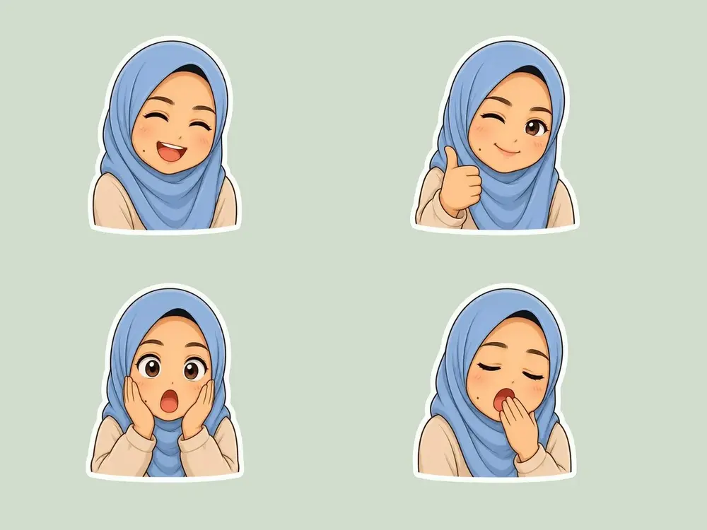 Empat stiker WhatsApp kartun berhijab dengan reaksi berbeza, contoh dijana AI