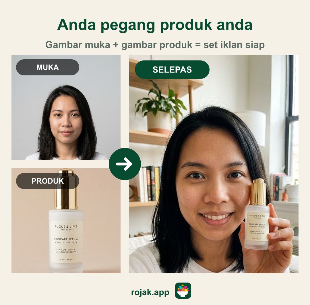 Contoh set gambar pegang produk dibuat dalam WhatsApp, contoh AI