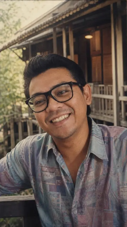 Lelaki yang sama dalam gambar gaya 1980-an di beranda rumah kayu, baju corak lama. Contoh dijana AI.