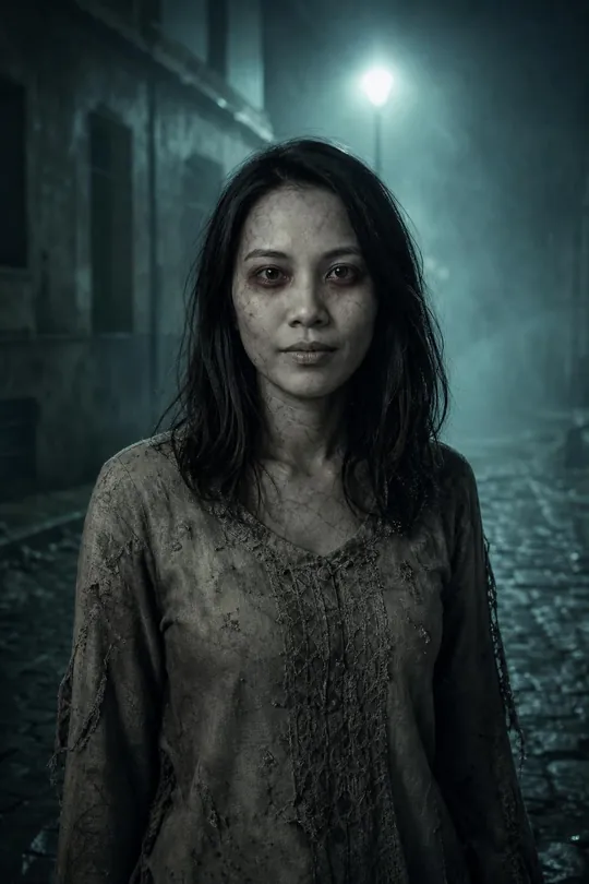 Contoh gaya zombie Halloween: seorang wanita berkulit pucat kelabu-hijau dengan mata cengkung bertepi merah di jalan berkabus waktu malam. Contoh dijana AI, bukan orang sebenar.