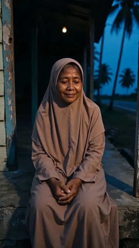Contoh gambar lama seorang nenek duduk di beranda, dijana AI, jenis gambar yang boleh dihidupkan